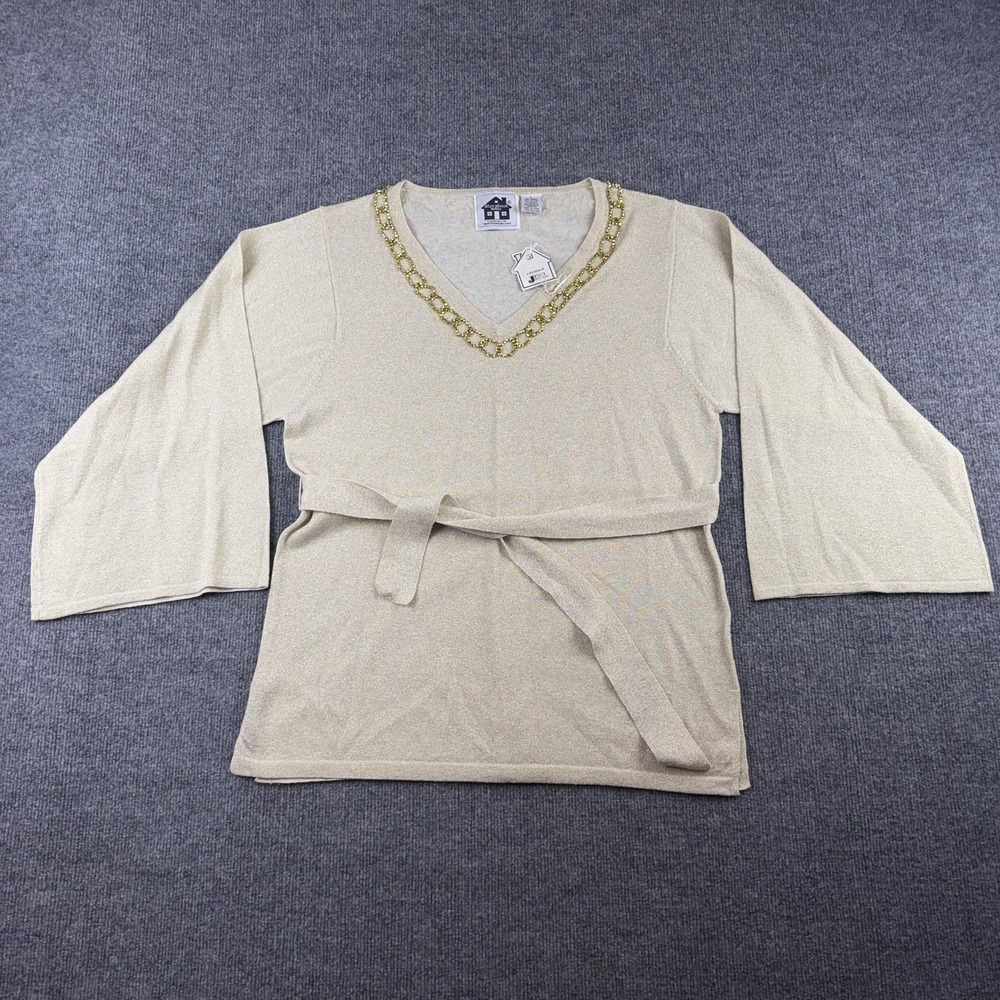 Storybook Knits Sweater Womens Large Gold Beaded V Neck Belted Tunic 3/4 Sleeve‎